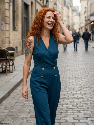 Combinaison boutonnée sans manches bleue années 1950