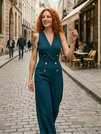 Combinaison boutonnée sans manches bleue années 1950