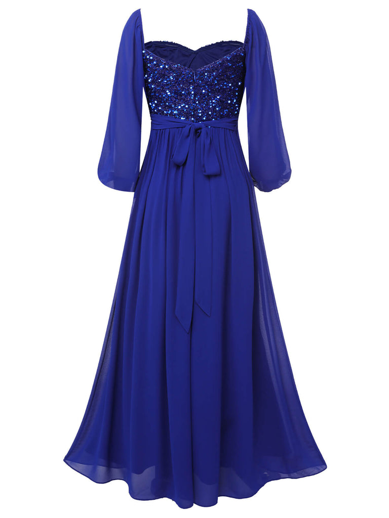 Robe longue bleu royal à paillettes et col en cœur des années 1920