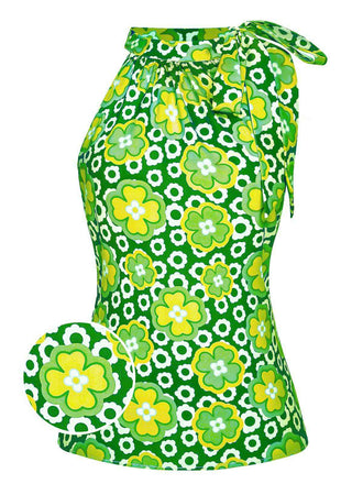 Haut sans manches à col noué et motif floral vert des années 1960