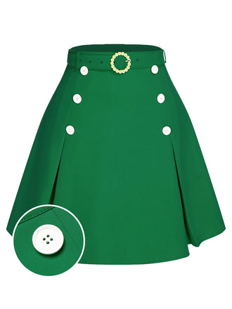 Jupe ceinturée unie à boutons vert des années 1960