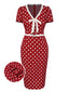 Robe rouge à pois à col v des années 1960 à nouer