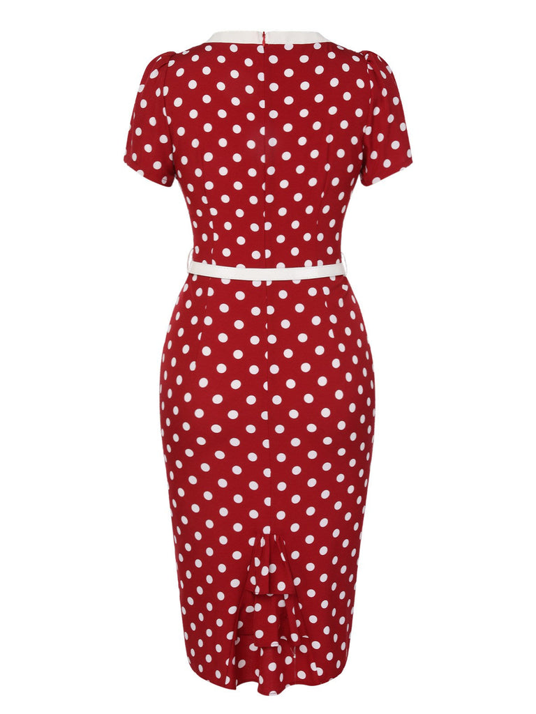 Robe rouge à pois à col v des années 1960 à nouer