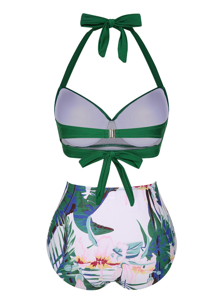 Maillot de bain vert plantes tropicales Halter des années 1930