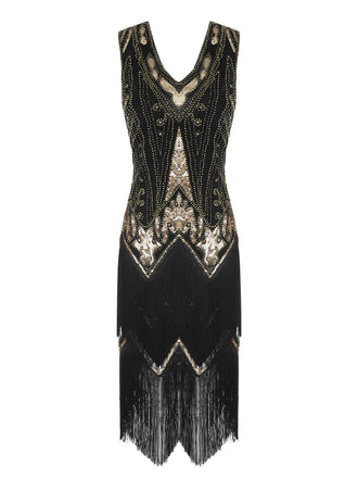Robe Gatsby à pompons et paillettes à col en V des années 1920