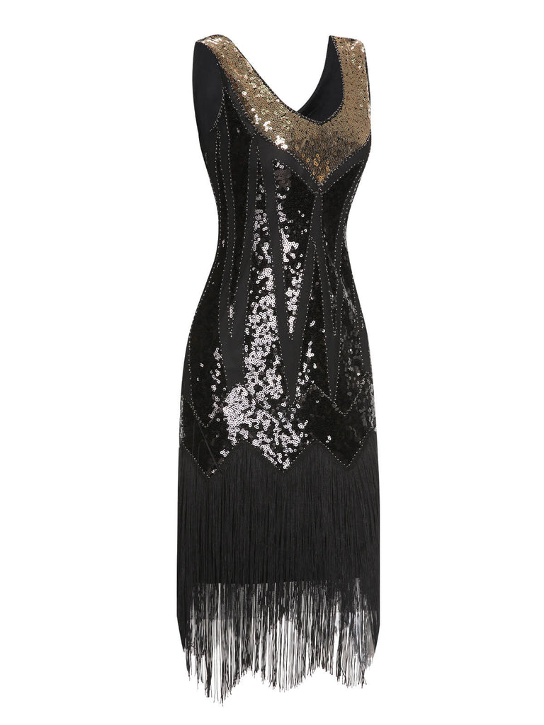 Robe Gatsby à col en V et pompons à paillettes des années 1920