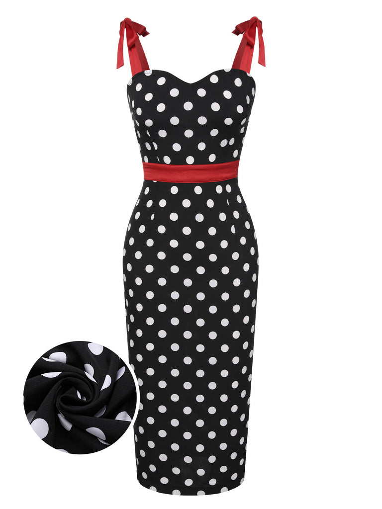 Robe crayon noire à pois et nœud des années 60