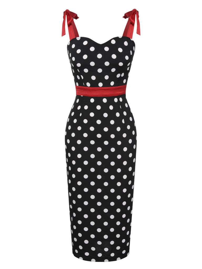 Robe crayon noire à pois et nœud des années 60