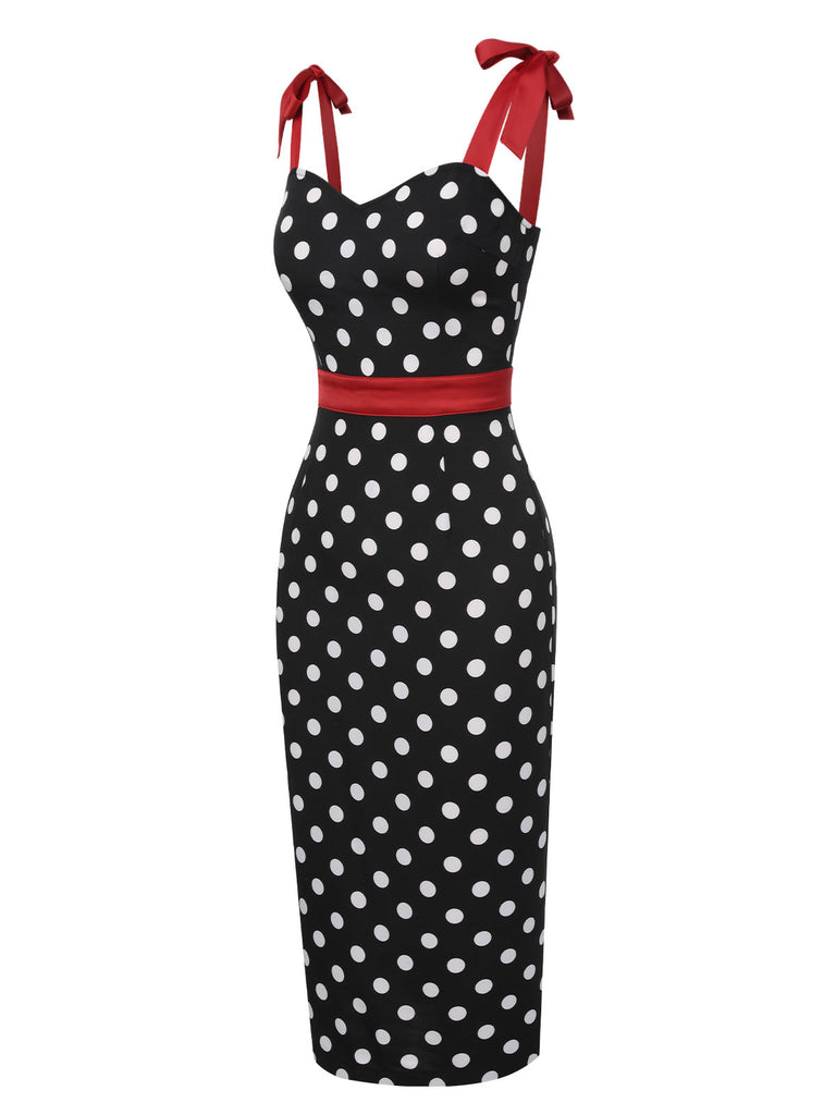 Robe crayon noire à pois et nœud des années 60