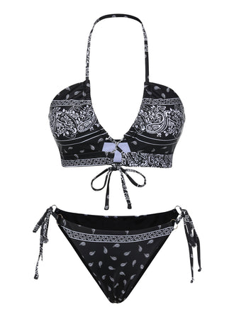 Ensemble de bikini à lacets de fleurs de cajou noir des années 1930