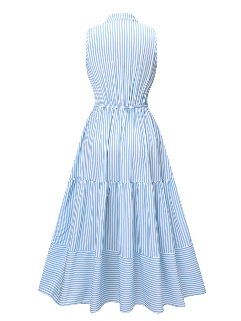 Robe à col montant à rayures bleu ciel des années 1940