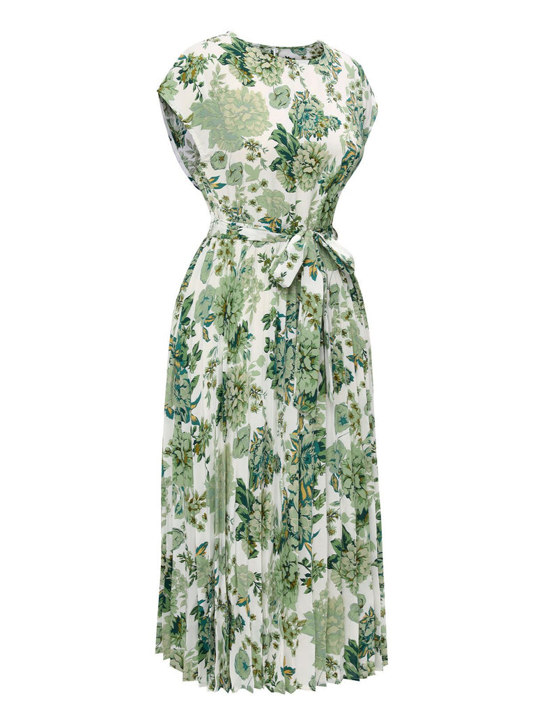 Robe mi-longue verte à fleurs nouée à la taille des années 40