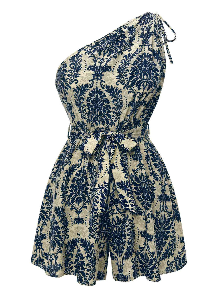 Combishort bleue à une épaule à imprimé floral des années 1950