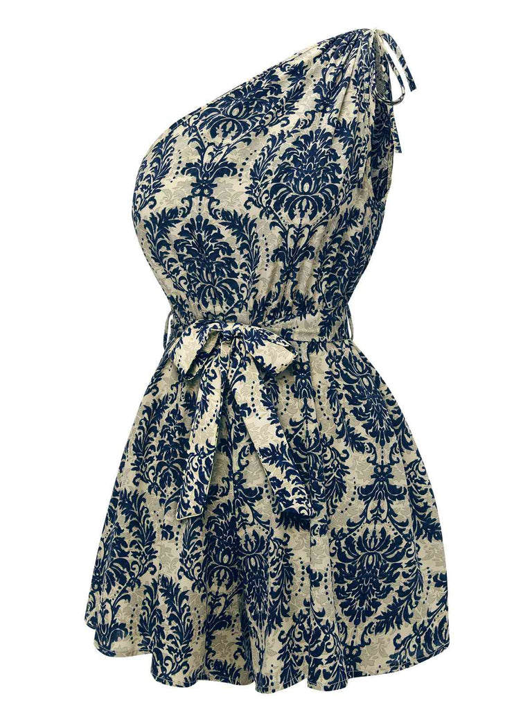 Combishort bleue à une épaule à imprimé floral des années 1950