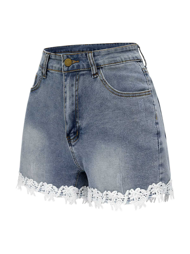 Short en jean bleu à dentelle frangée des années 1930