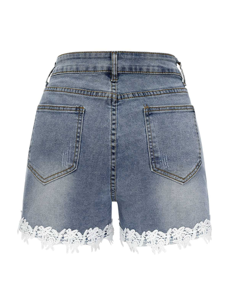 Short en jean bleu à dentelle frangée des années 1930