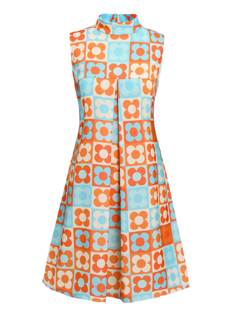 Robe à col montant fleurie orange et bleue des années 1960