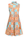 Robe à col montant fleurie orange et bleue des années 1960