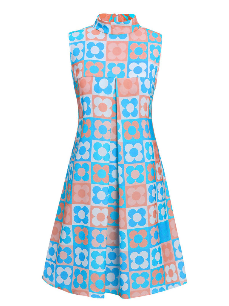 Robe à col montant fleurie orange et bleue des années 1960