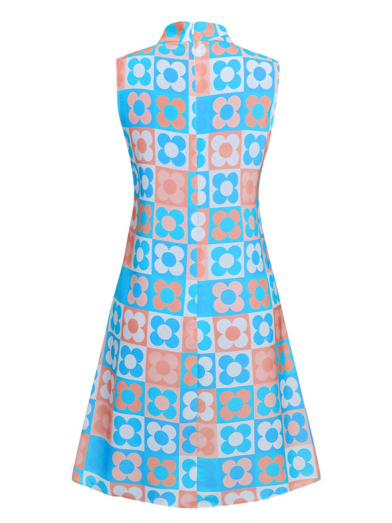 Robe à col montant fleurie orange et bleue des années 1960