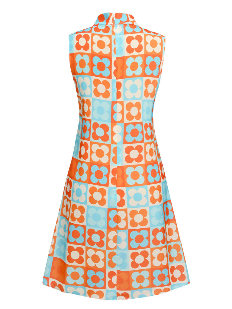 Robe à col montant fleurie orange et bleue des années 1960