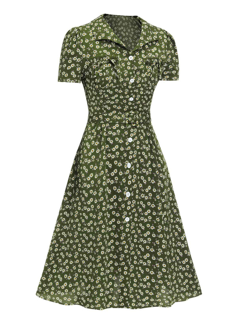 Robe marguerite à boutons revers vert des années 1950