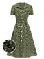 Robe marguerite à boutons revers vert des années 1950