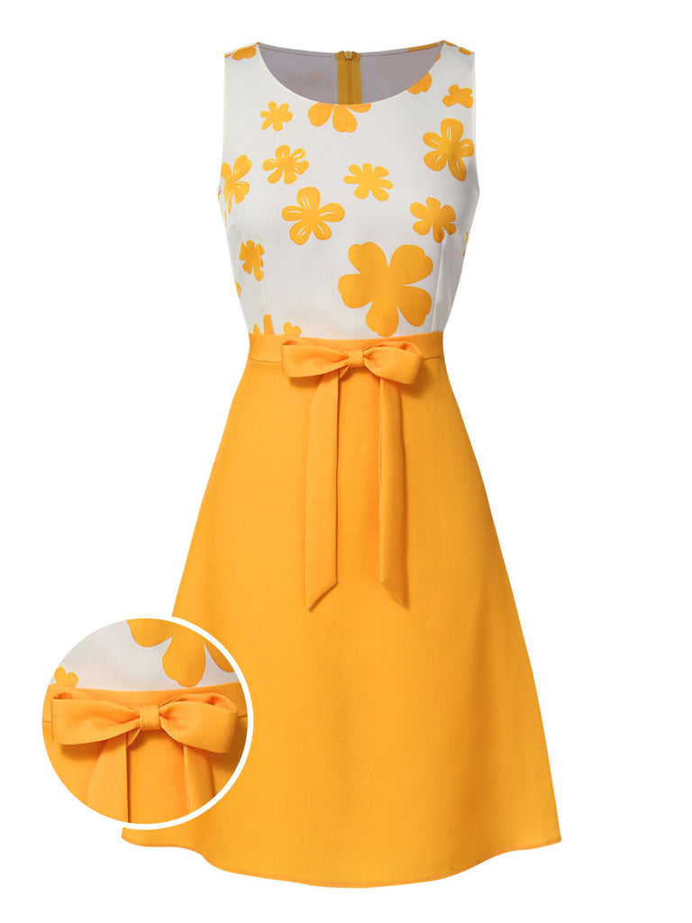 Robe sans manches jaune à nœud fleuri des années 1960