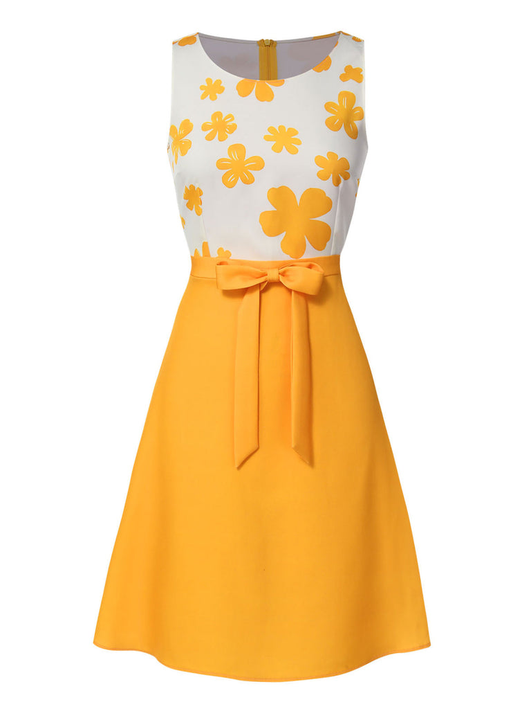 Robe sans manches jaune à nœud fleuri des années 1960