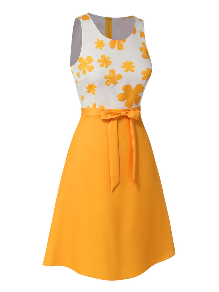 Robe sans manches jaune à nœud fleuri des années 1960