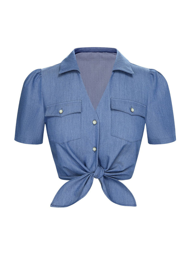 Chemisier bleu uni à revers noué à la taille des années 1950