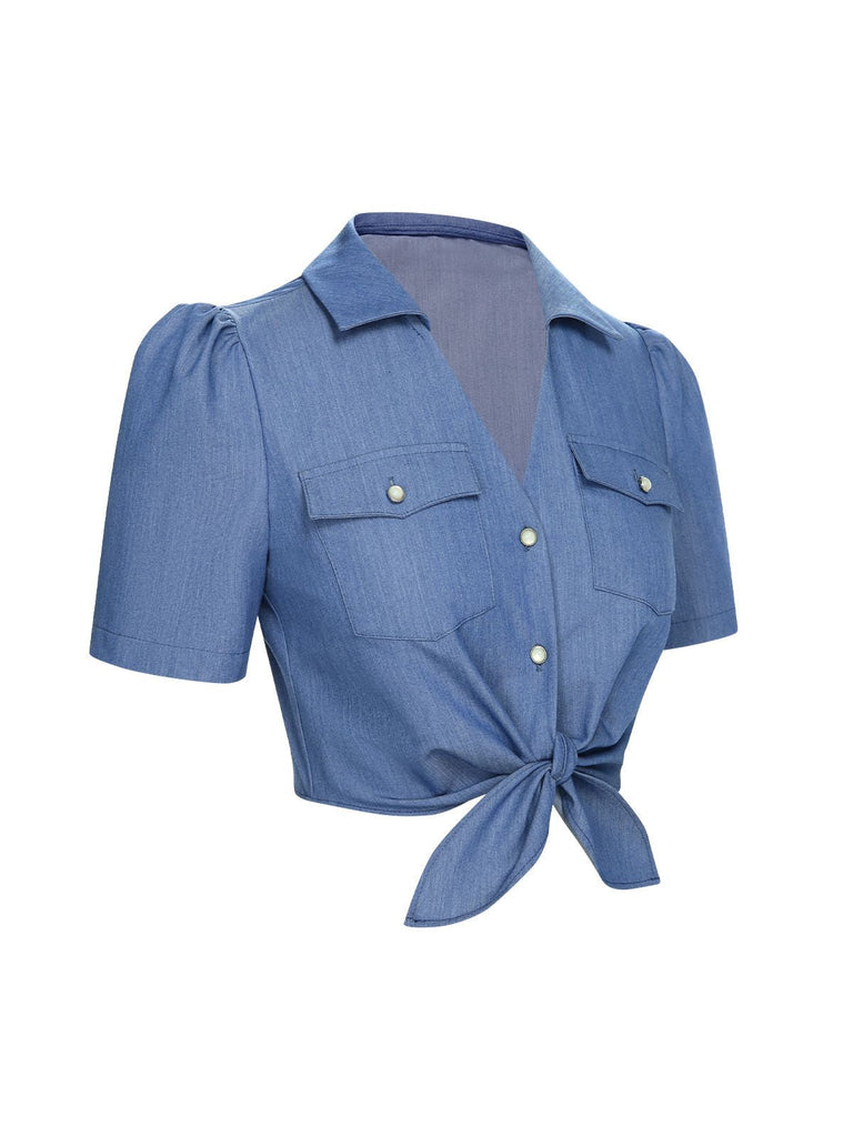 Chemisier bleu uni à revers noué à la taille des années 1950