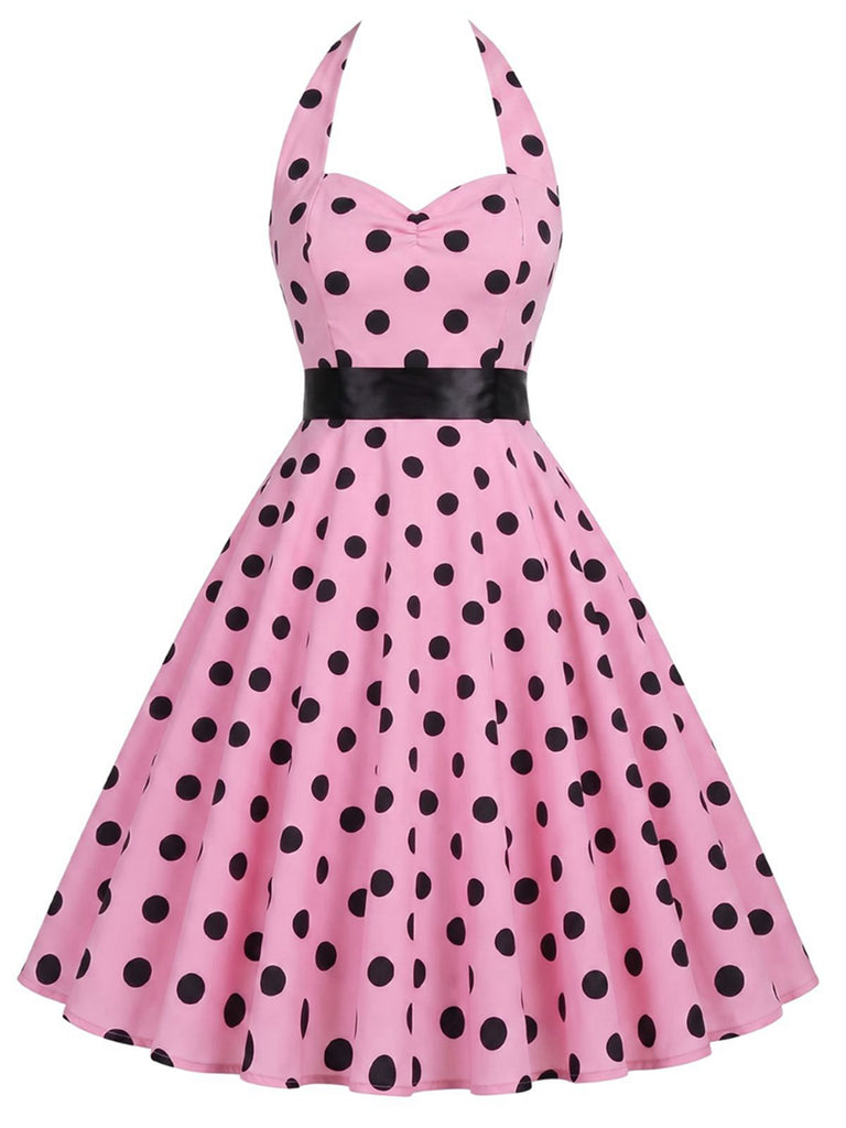[Prévente] Robe rose ceinturée à pois dos nu années 1950