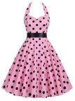 [Prévente] Robe rose ceinturée à pois dos nu années 1950