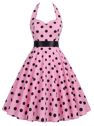 [Prévente] Robe rose ceinturée à pois dos nu années 1950