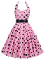 Robe rose ceinturée à pois dos nu années 1950