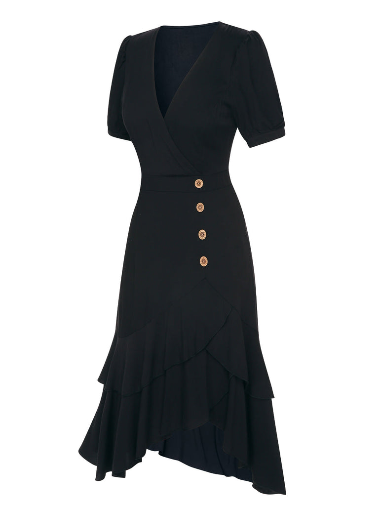 Robe boutonnée noire à col en V et ourlet irrégulier des années 40