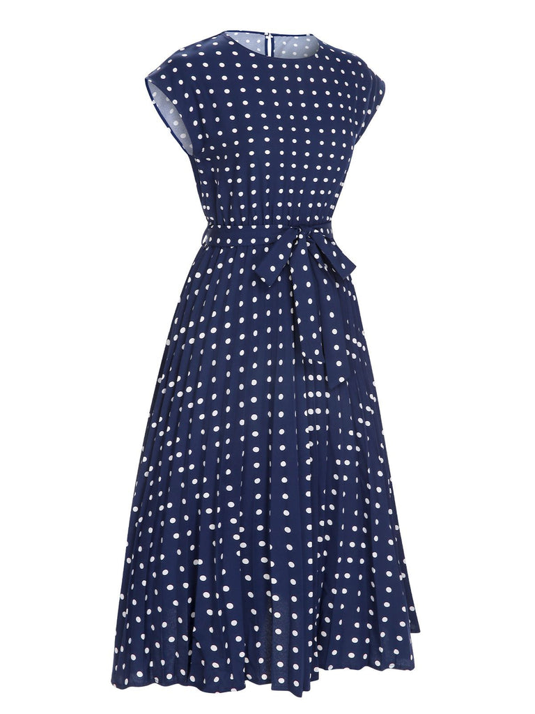 Robe à manches courtes à pois bleu royal des années 40