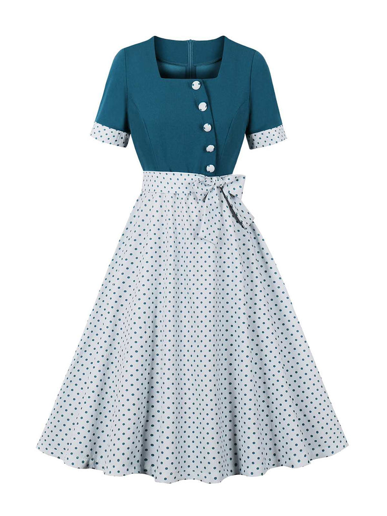 Robe à pois et col carré avec nœud des années 1950