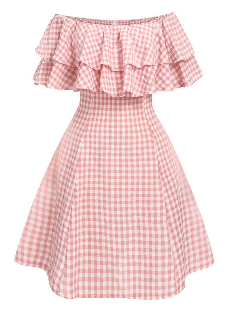 Robe à carreaux rose à épaules dénudées des années 1950