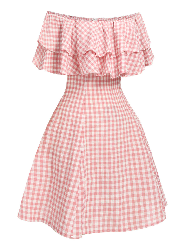 Robe à carreaux rose à épaules dénudées des années 1950