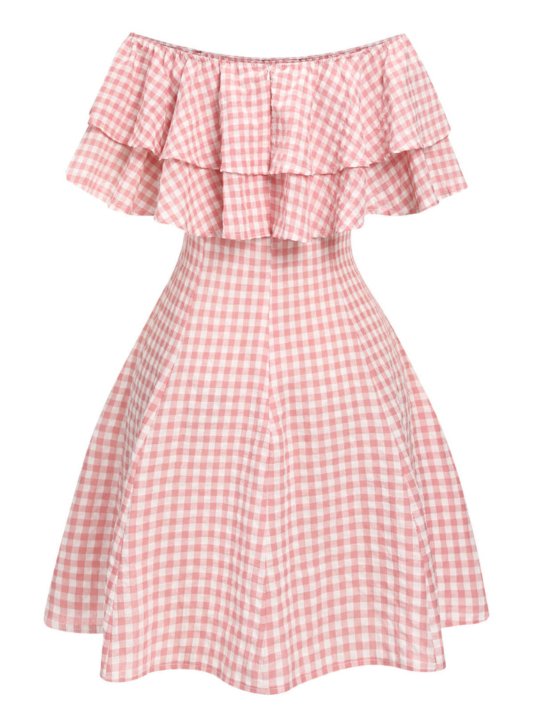 Robe à carreaux rose à épaules dénudées des années 1950