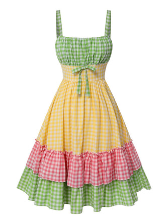Robe à carreaux bloc de couleur coton à bretelles spaghetti des années 1950