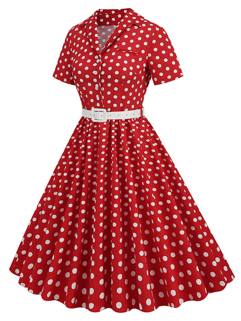 Robe à pois avec ceinture et revers des années 1950