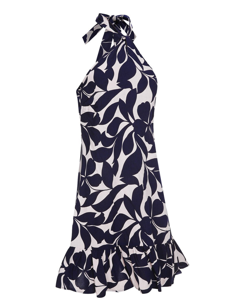Robe fleurie dos nu bleu foncé des années 40