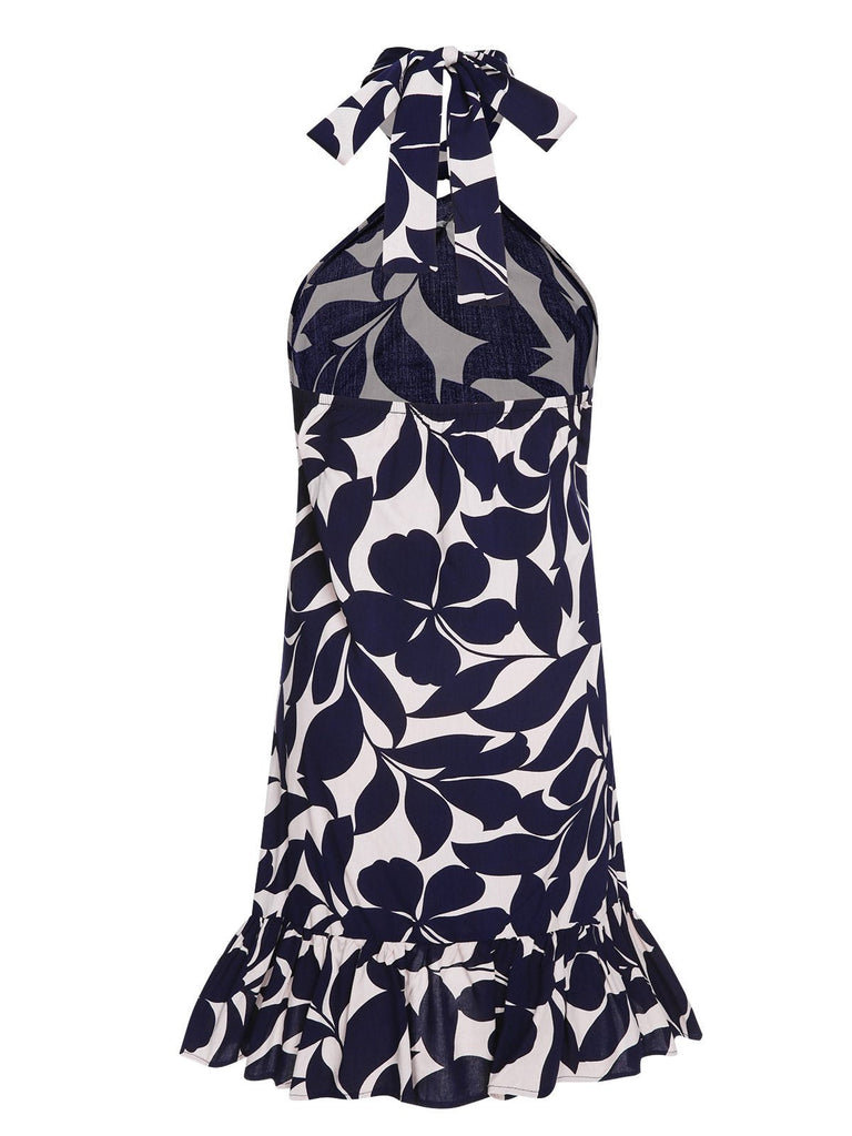 Robe fleurie dos nu bleu foncé des années 40