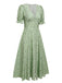 Robe verte à col en V et manches lanternes fleuries des années 1940