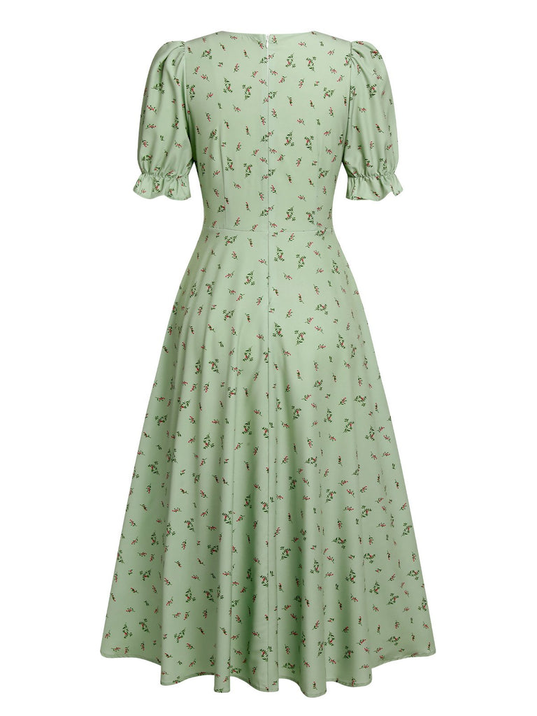 Robe verte à col en V et manches lanternes fleuries des années 1940