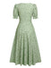 Robe verte à col en V et manches lanternes fleuries des années 1940