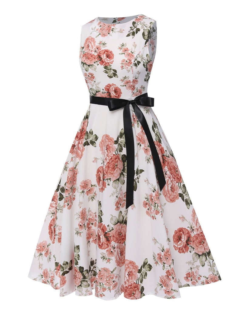 Robe vintage avec ceinture et nœud fleuri des années 1950